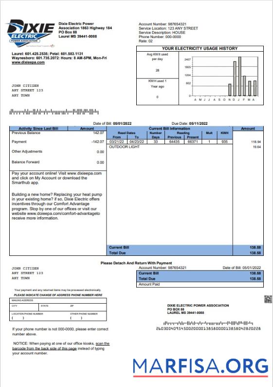 Blank USA Mississippi Dixie Electric utility bill template in Word and PDF format